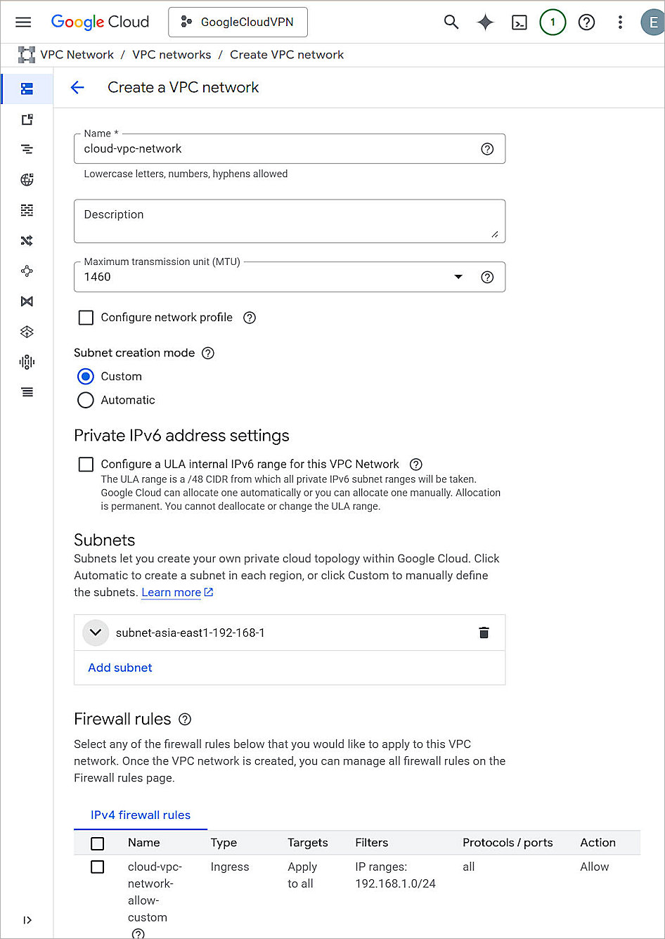 Screenshot of the VPC network settings in Google Cloud